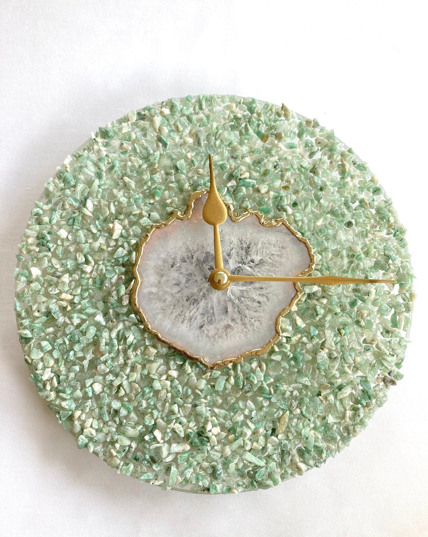 Large White Agate Wall Clock with Light Green Crystal