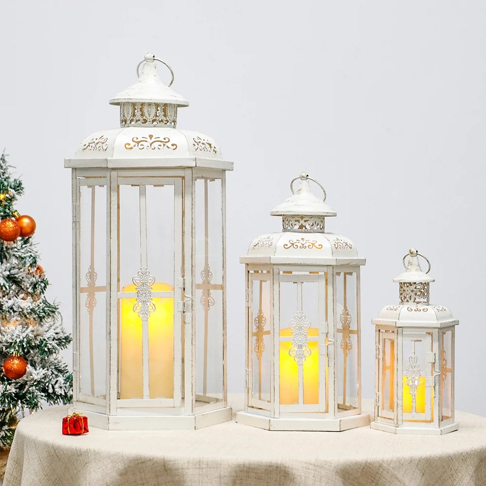 Set of 3 White & Gold Candle Lanterns