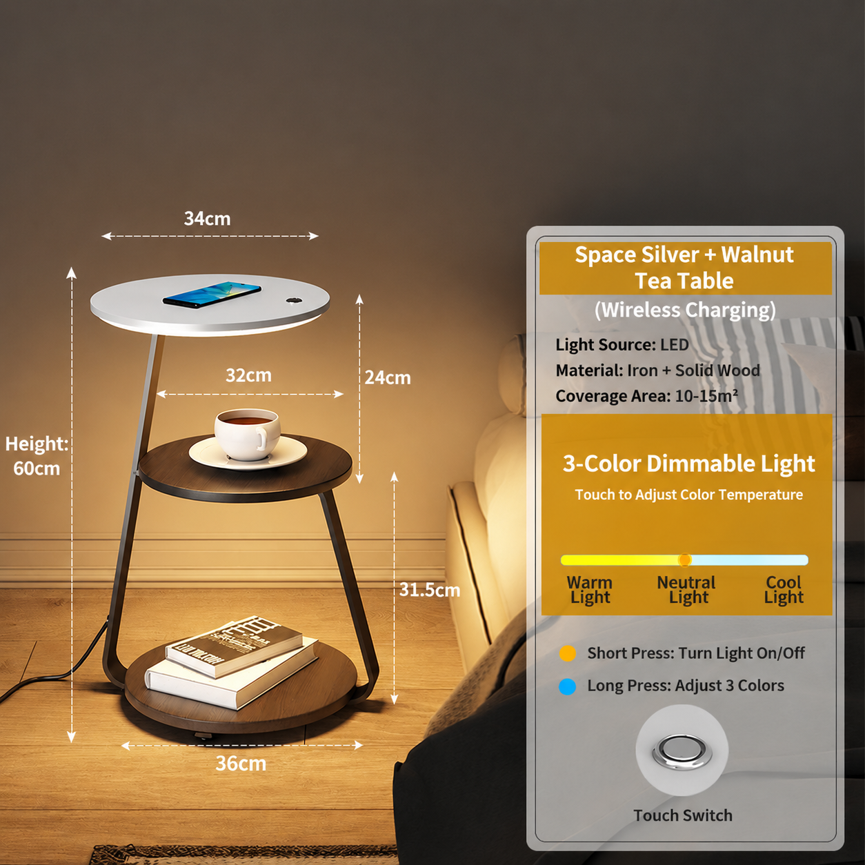 Smart Nightstand with Wireless Charger & LED Night Light