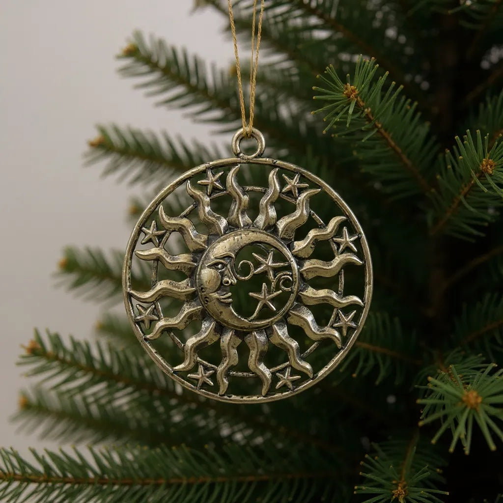Sun & Moon Christmas Ornament | Celestial Metallic Décor in Gold, Silver & Antique | Set of 2 or 4