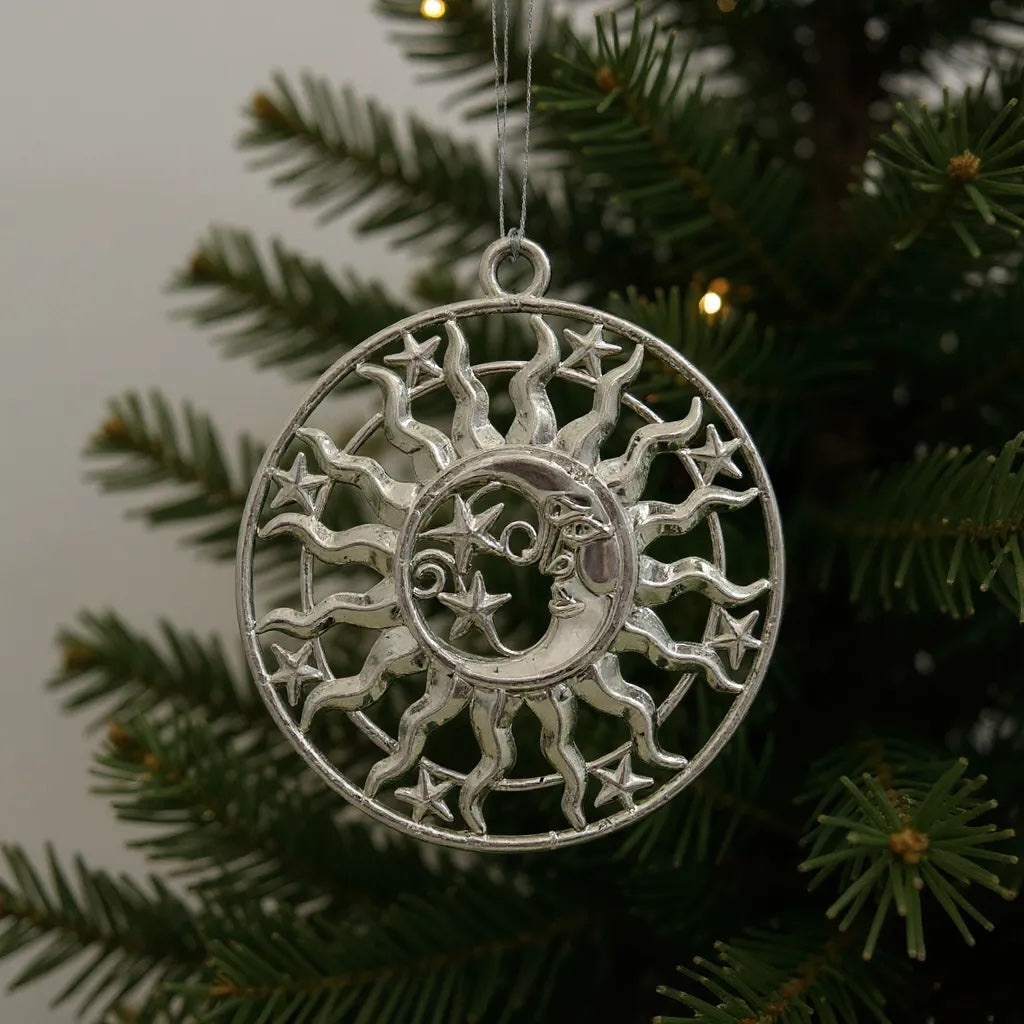 Sun & Moon Christmas Ornament | Celestial Metallic Décor in Gold, Silver & Antique | Set of 2 or 4