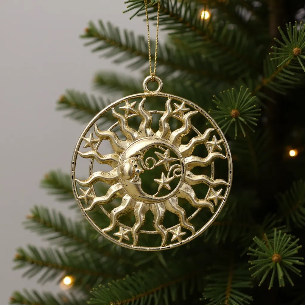 Sun & Moon Christmas Ornament | Celestial Metallic Décor in Gold, Silver & Antique | Set of 2 or 4