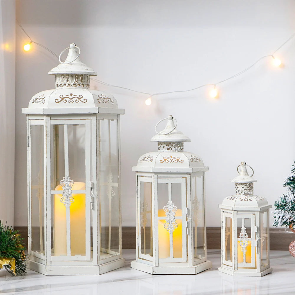 Set of 3 White & Gold Candle Lanterns