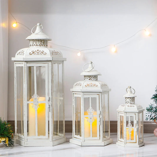 Set of 3 White & Gold Candle Lanterns