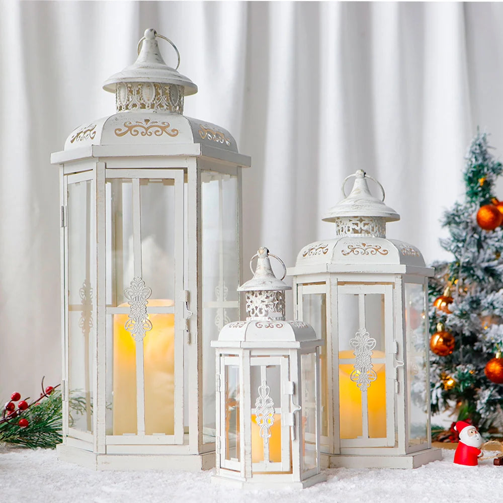 Set of 3 White & Gold Candle Lanterns