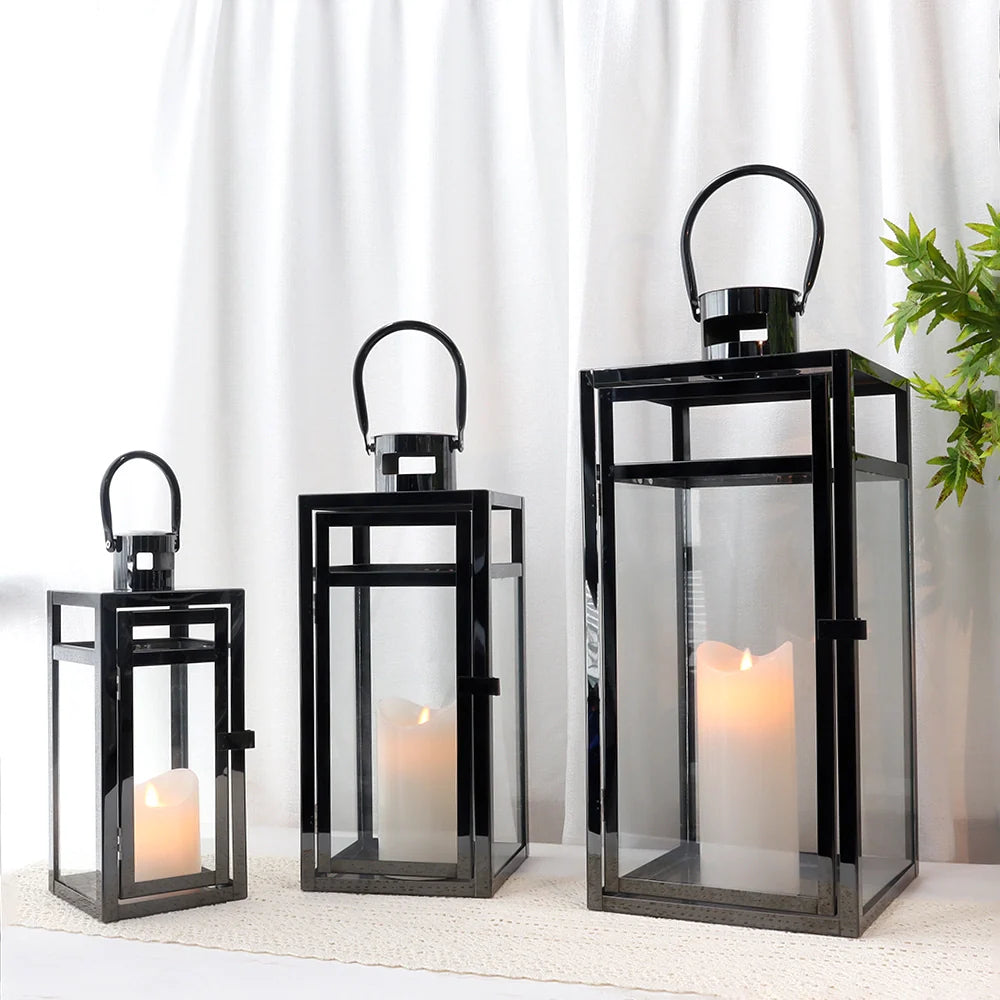 Set of 3 Black Metal Candle Lanterns